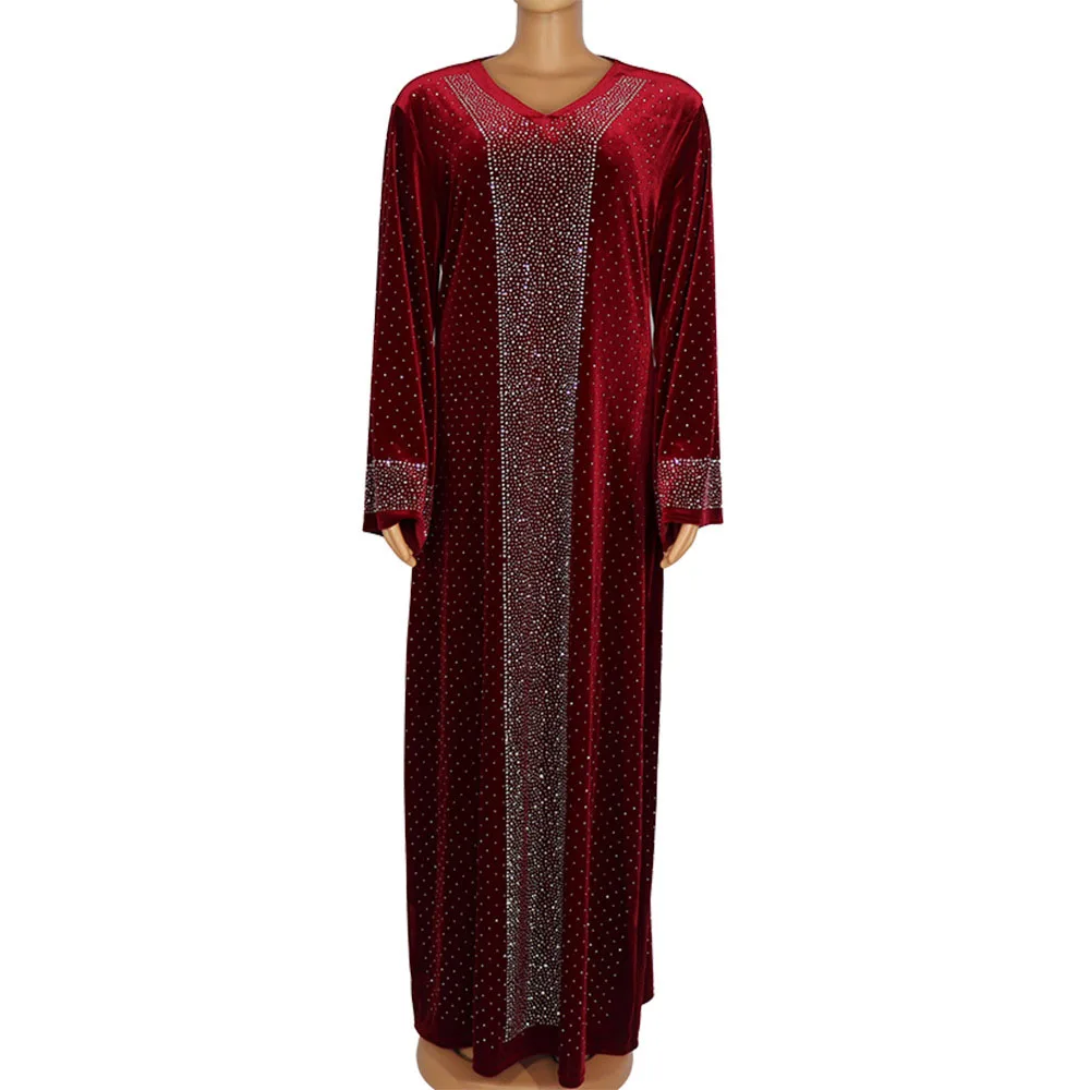 2020 New African Dress For Women Muslim Fashion V-neck Loose Flared Sleeves Diamond Femme Africa Robe Maxi Dress