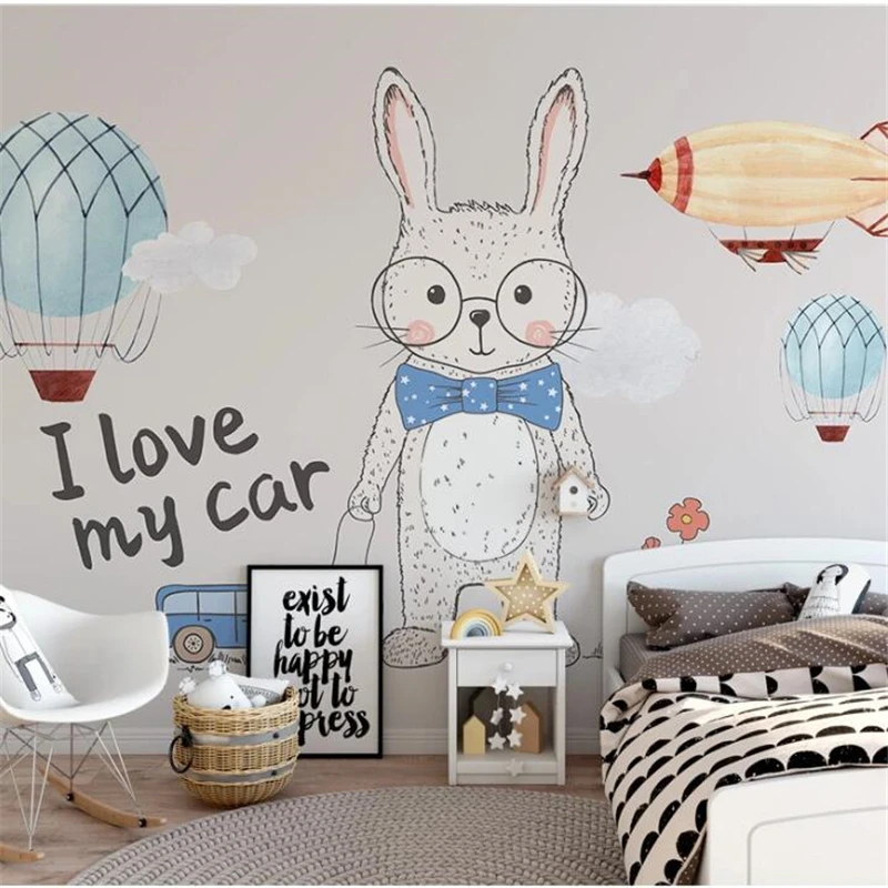 

wellyu Customized large mural Nordic minimalist hand-painted cartoon bunny children's room background wall wallpaper