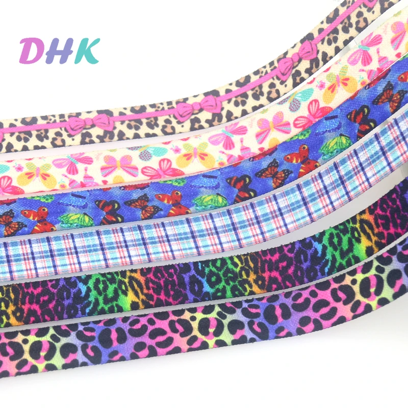 DHK 5/8'' 5yards Leopard Butterfly Grid Printed Fold Elastic FOE Stretch Ribbon Hairbow Headwear Headband DIY OEM E1949