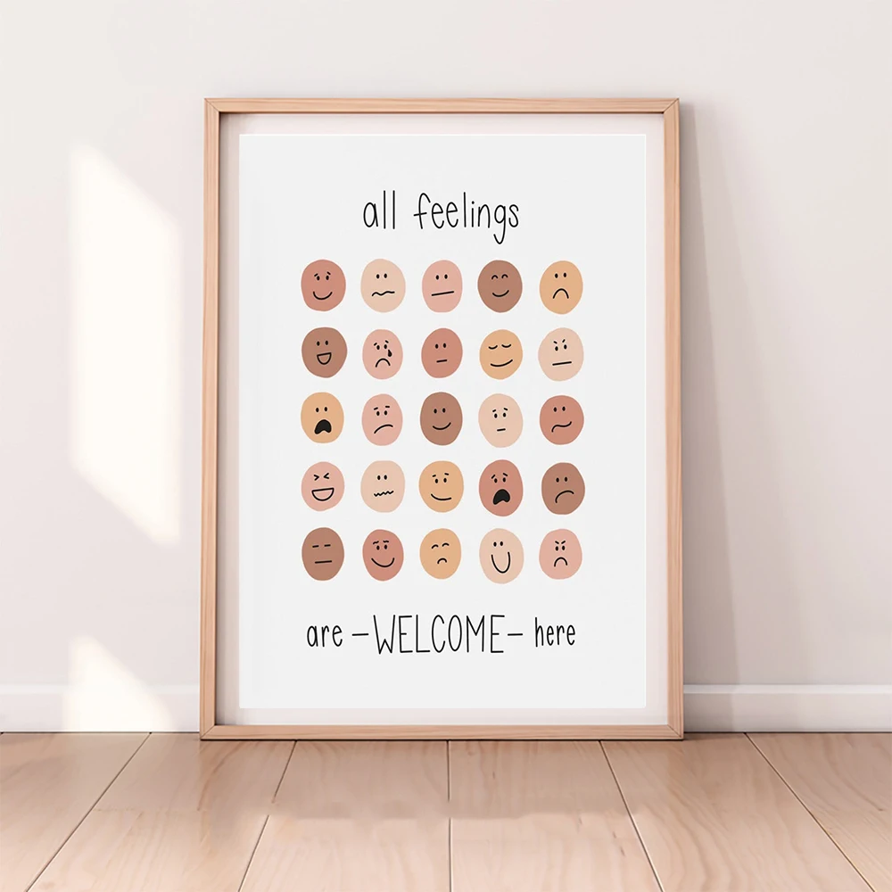 Funny Colorful All Feelings Are Welcome Here Wall Art Canvas Painting Mental Health Posters and Prints Pictures for Living Room