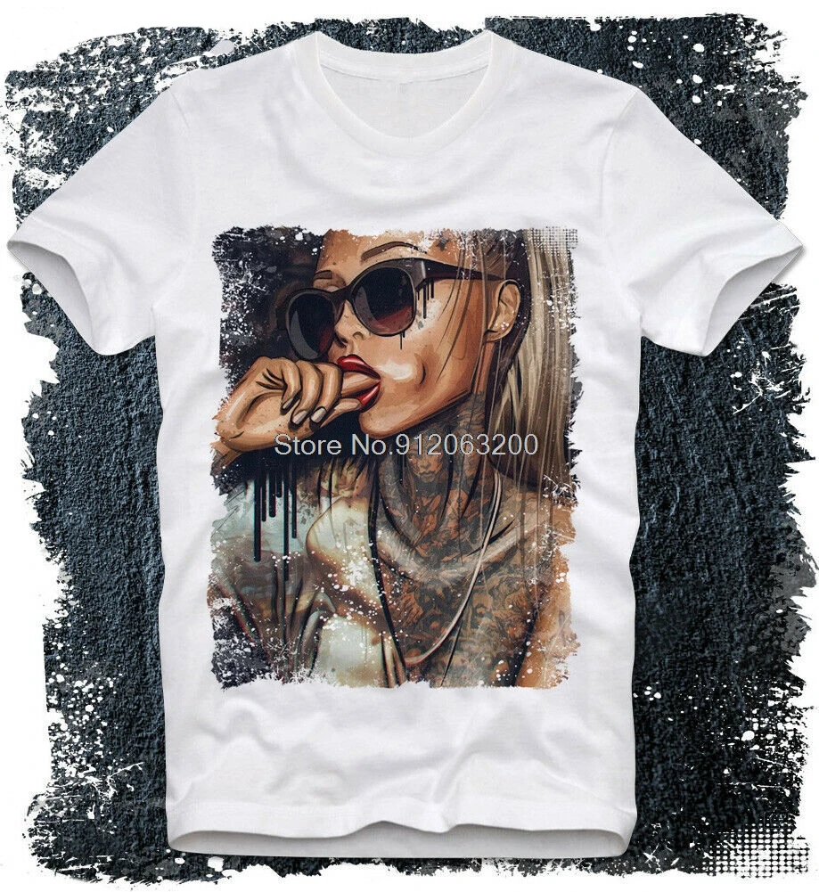 T-Shirt Hot Sexy Tattoo Art Girl Pinup Pin-Up Fresh Swag Gangster Gangsta Cotton Tshirt Hip Hop Tees Harajuku Streetwear