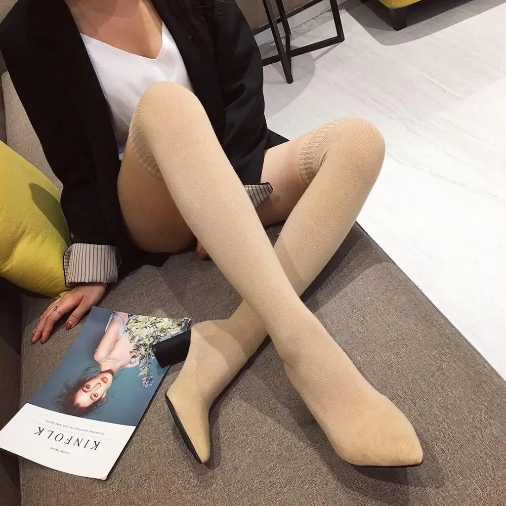 Women Sock Boots Over The Knee Pointed Toe Elastic Fabric Boots Woman Slip On Thick High Heels Stretch Boots Woman Black Brown