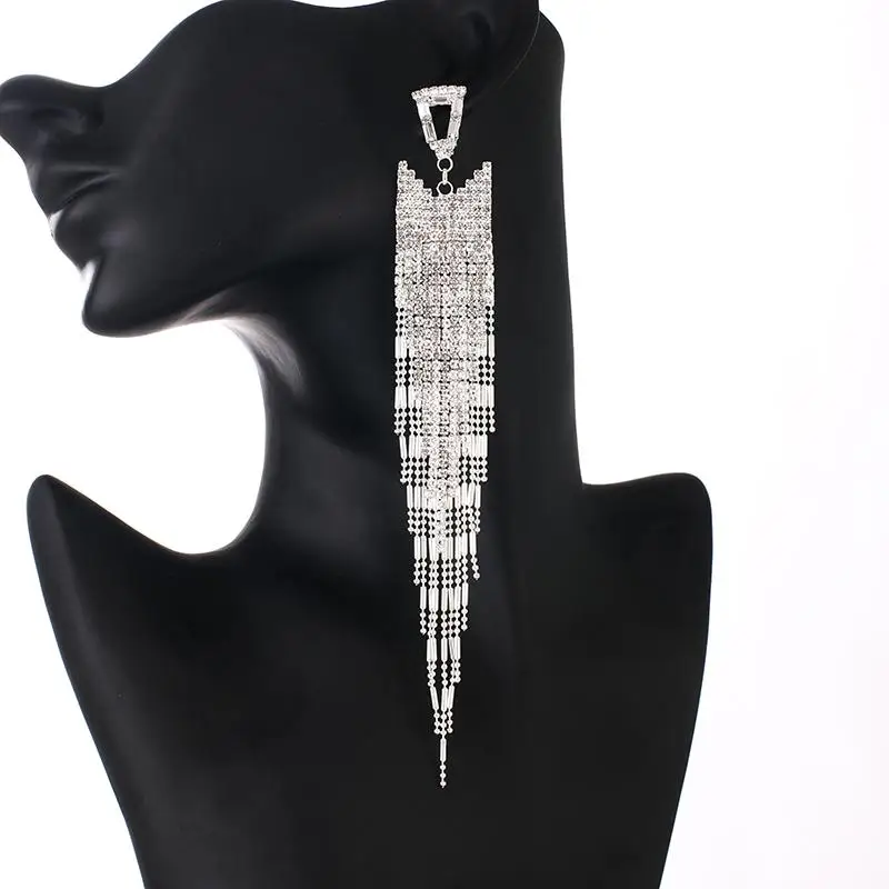 Shiny Full Rhinestone Drop Earrings for Women Long chain Tassel Crystal Dangle Earring Weddings Fashion Jewelry Gifts E712