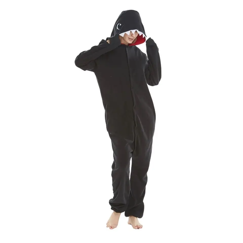 HKSNG Adult Black Shark Onesies Kigurumi Pajama Costume Fleece Cartoon Animal Halloween Party Jumpsuits Pyjamas Suit Kigurumi