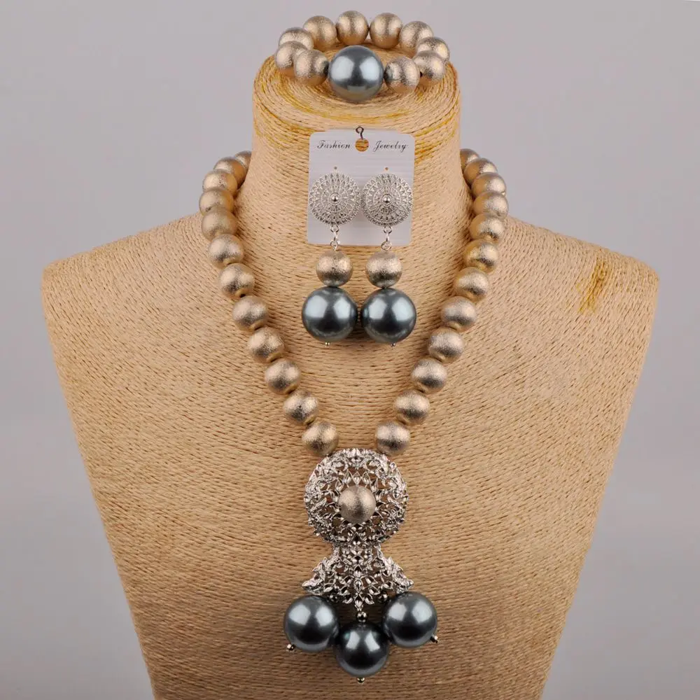 Fashion Grey Glass Pearl Bridal Jewelry African Ladies Wedding Bead Nigerian Bride Wedding Jewelry Set SH-55