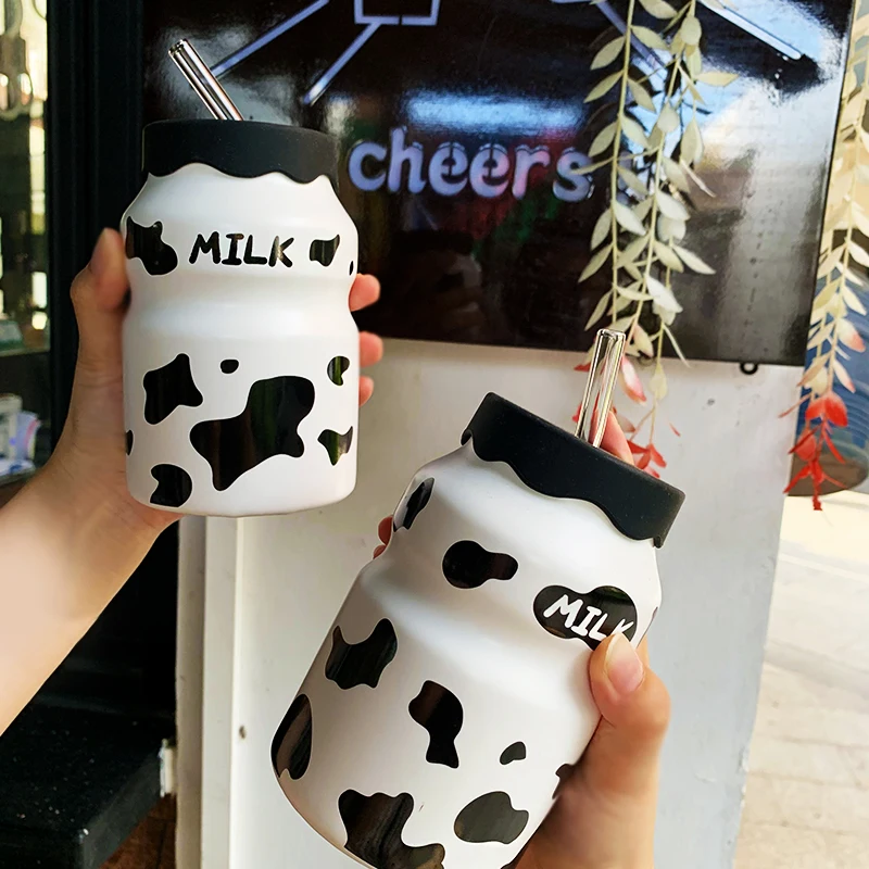 Cow Spot Straw Cup Small and Lovely Children\'s Ceramic Water Bottle with Cover and Straw Korean Simple Cartoon Milk Coffee Cup