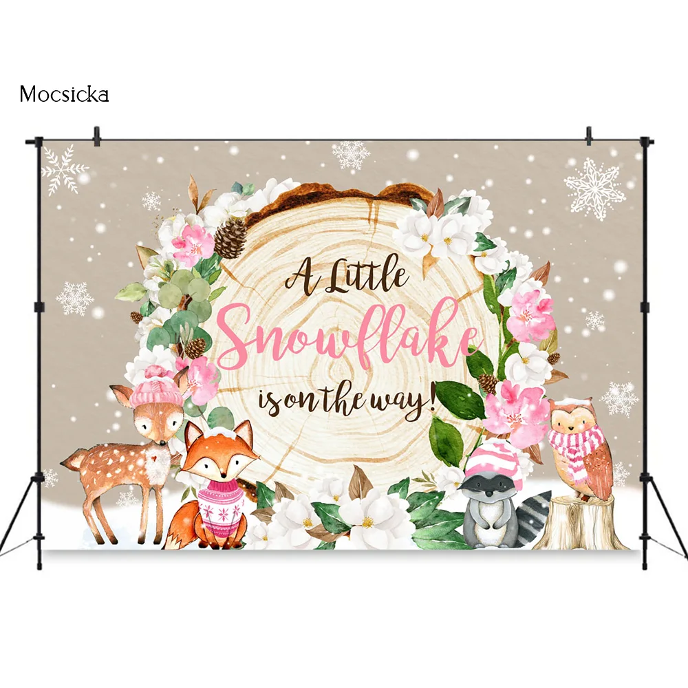 

Baby Shower Backdrop Baby Child party Animal Backdrop Pink Floral Snowflake Fox Owl Background Photobooth