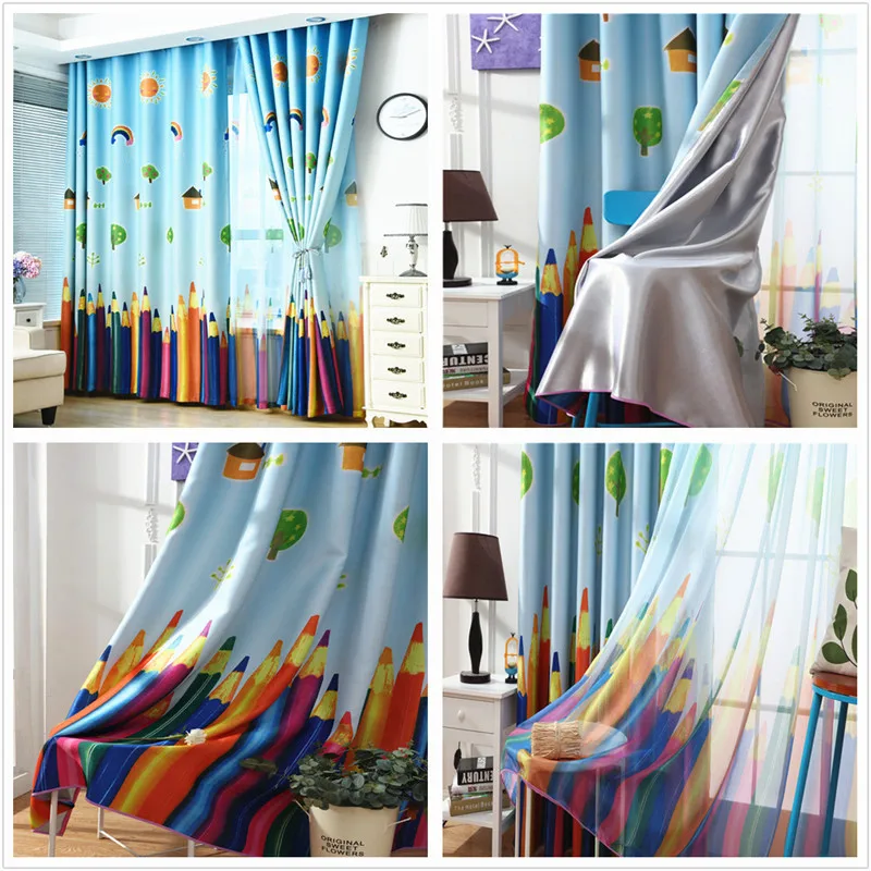 Blackout Curtains for Kids Pencil Sun Print, Blue Kitchen Window Panels, Bedroom Curtains  Fashion 2432