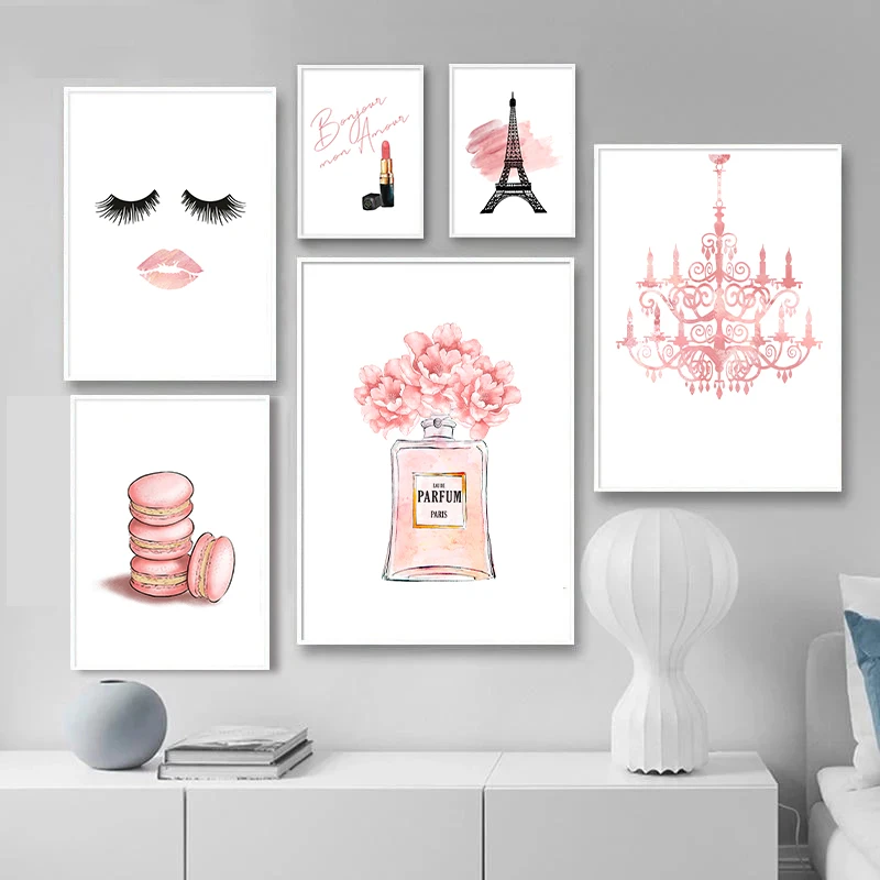 Makeup Wall Art Prints Fashion Pink Blush Paris Lashes Perfume Posters Woman Room Decorative Painting Canvas Pictures Girls Gift