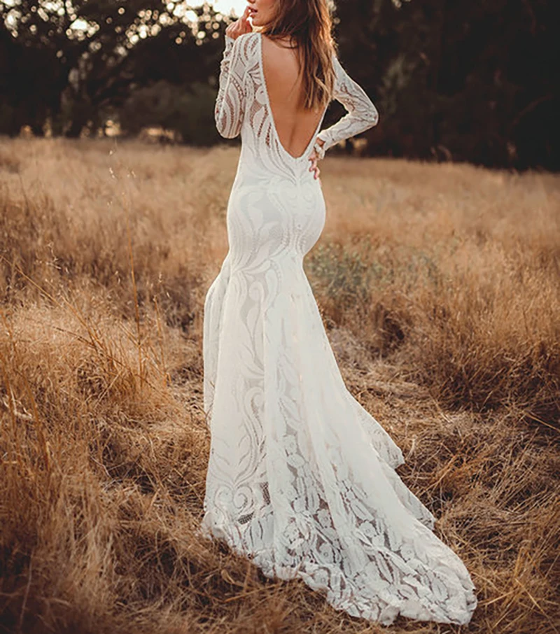 Boho sereia vestidos de casamento elegante rendas mangas compridas varredura trem aberto voltar até o chão vestidos de noiva país robe de mariee