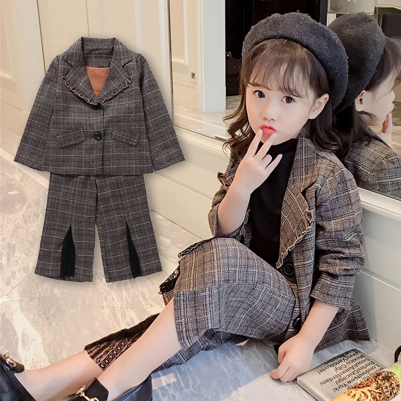 Girls Casual Plaid Suit Children's Casual Suit Coat + Lace Spliced Pants 2 Pcs Female Kids Cute Ruffles Collar Clothing Set P122