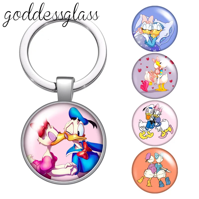 Disney Cute Donald Daisy Love Duck cartoon glass cabochon keychain Bag Car key chain Ring Holder Charms keychains gift