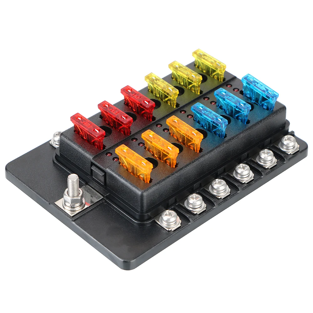 Fuse Box Holder 32V 100A For Auto Car Boat Marine Plastic Cover 6 Ways 12 Ways Blade Fuse Block M5 Stud With LED Indicator Light