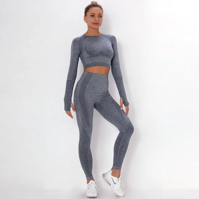 Seamless Yoga Set Women Fitness 2pcs Sport Suit Workout Clothes Gym Long Sleeve Crop Top High Waist Running Leggings Sportswear