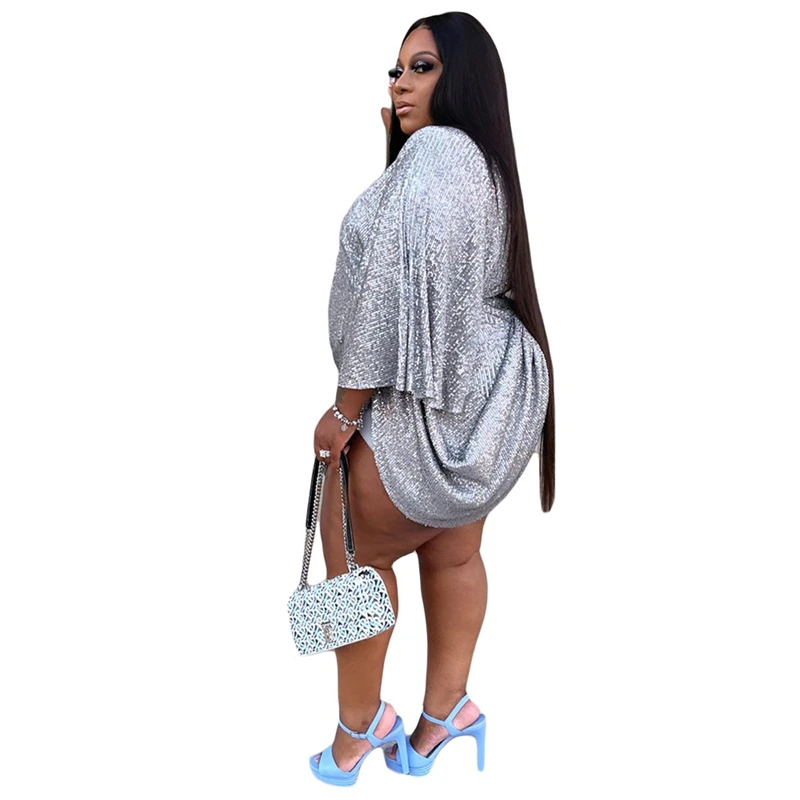 Dress Plus Size Party Birthday Dresses High Waist V Neck Batwing Sleeve  Sexy Sequin Mini Silver Dress Wholesale Dropshipping - AliExpress
