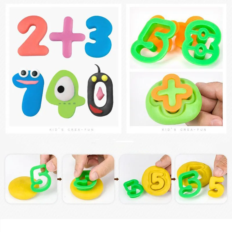 Kit de herramientas de plastilina con letras y números para niños, juego de moldes de plástico para modelado de arcilla, accesorios para niños,