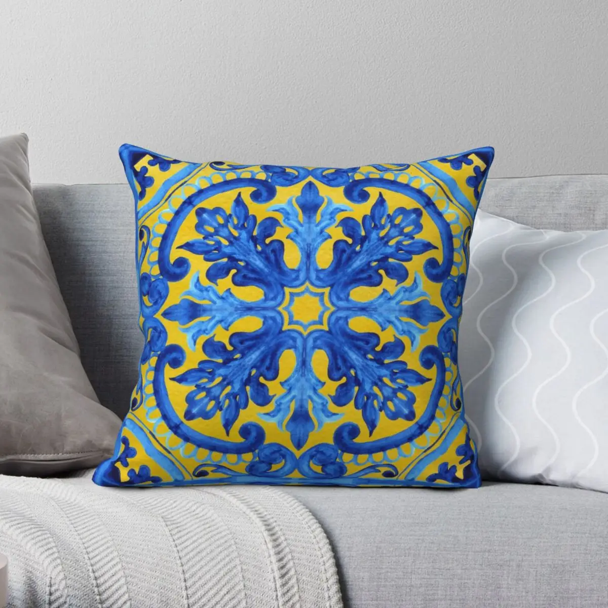 Portuguese Azulejo Tiles Square Pillowcase Polyester Linen Velvet Printed Zip Decorative Pillow Case Sofa Seater Cushion Cover