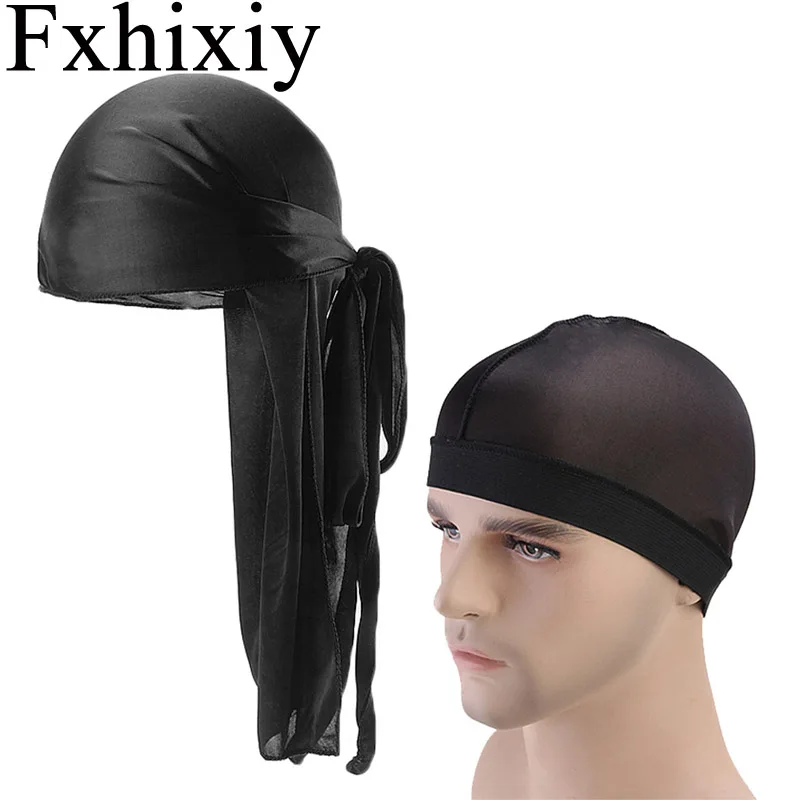 

New Women Men's Silky Durag Long Tail Breathable Headwear Turban Caps Durag Pirate Hat Hip Hop Durags 2pcs/lot