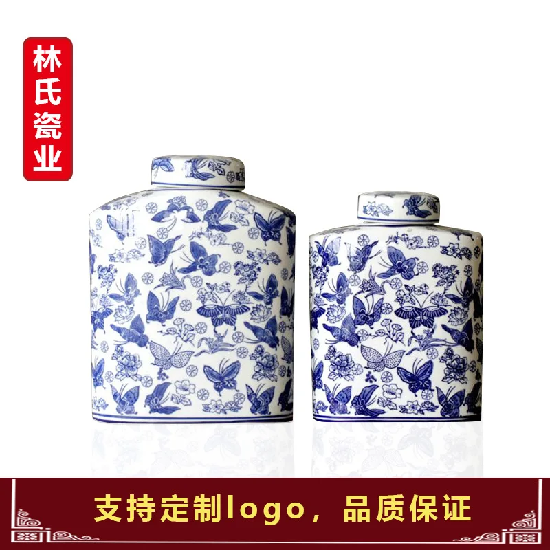 Jingdezhen Ceramic Chinese Blue and White Butterflies Group Flying Belt Covered Tank Storage Tank Round Porcelain Cans