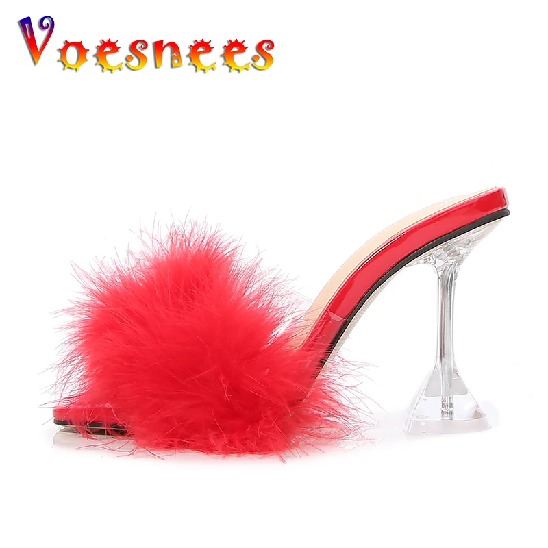 Voesnees New Women Slippers With Fur 2021 Summer Square Open Toe Fish Mouth Slides Wine Glass High Heels 9CM Female Red Shoes