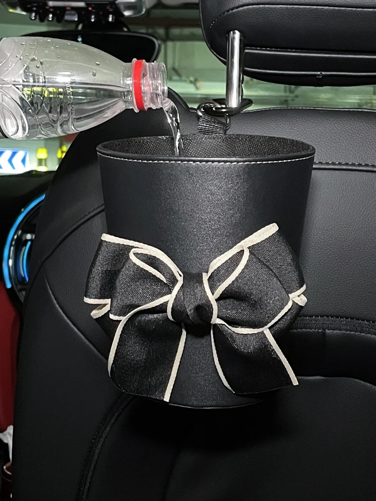 Fashion Bowknot Cartoon Cute Hanging Multi-functional Car Storage Trash Can Car Interior Accessories