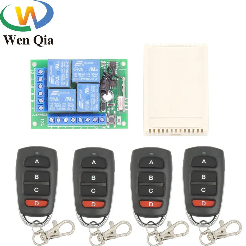 DC 12V 4CH Relay Receiver Wireless Remote Control 433MHz Universal  Module RF Switch 4 Button Remote Control Gate Garage opener