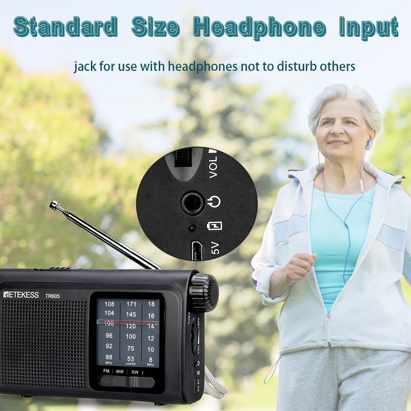 Retekess-Radio portátil TR605 para ancianos, linterna de emergencia con batería recargable, altavoz potente, FM/MW/SW