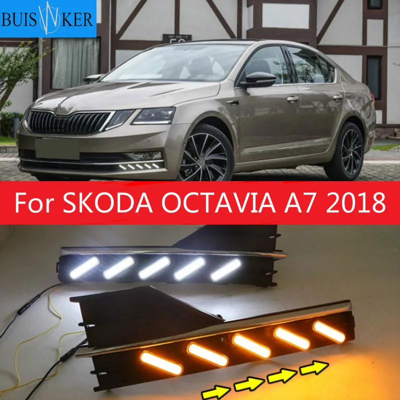 2PCS Waterproof style 12V LED Car for SKODA OCTAVIA A7 2018 DRL Daytime running light with fog lamp hole