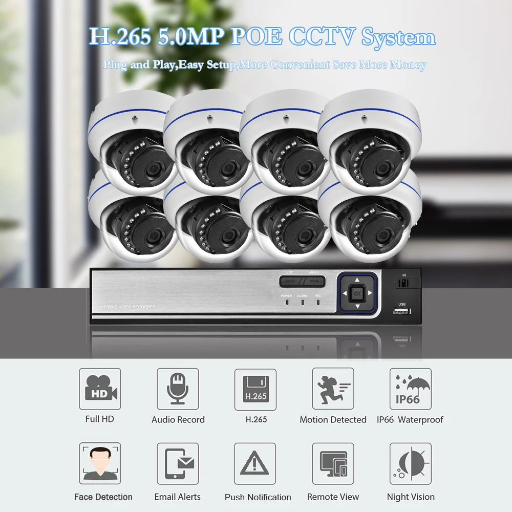 Камера видеонаблюдения AZISHN H.265 +, 8 каналов, 5 МП, POE, NVR, 5 МП, IP