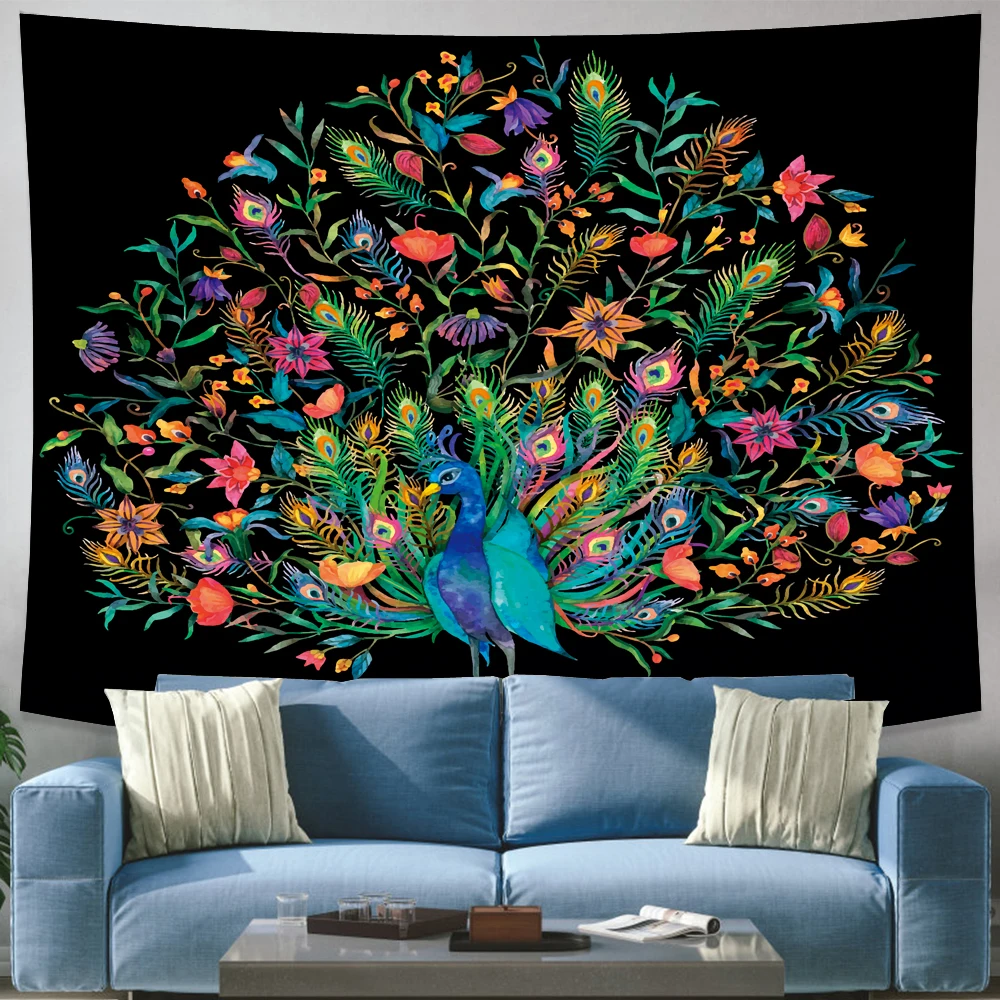 Colorful Psychedelic Peacock Open Screen Tapestry Animal Hippie Wall Hanging 3D Printing Animal Dormitory Background Cloth Mattr