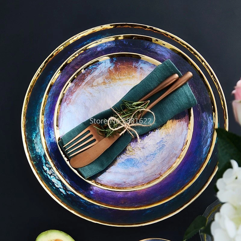 Rainbow Glass Dinner Plates Food Plates Desset Plate Cake Dish Salad Bowl Fruit Bowls Food Storage Glassware Dinnerware