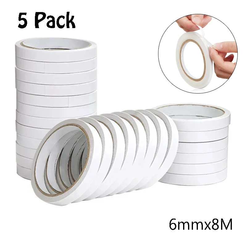 5 Rolls 8M Slim Strong Adhesion Double Sided Adhesive Tape White Double Faced Adhesive Tapes for Home DIY Craft Office Supplies