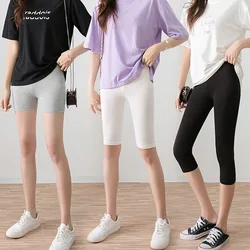 Mallas de Modal de color liso para mujer, leggings capri de entrenamiento de talla grande, pantalones cortos básicos de adelgazamiento informales de alto estiramiento