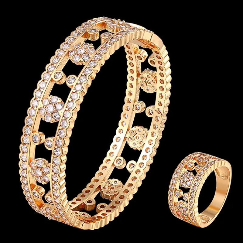 

Zlxgirl jewelry Brand Women's cubic zircon wedding Bangle with Ring Set gold color mirco paved bracelet Sets bridal jewelry sets