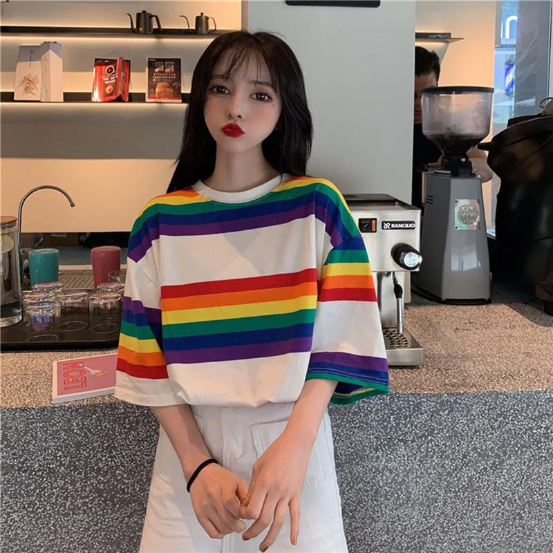 Women Rainbow T Shirt Striped Punk T-shirt O-Neck Casual Harajuku Tshirt Short Sleeve Korean Fashion Shirt Camiseta Feminina Top