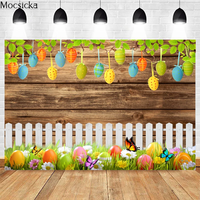 Mocsicka Easter Egg Photography Background Spring Butterfly Wood Board Decoration Studio Props Baby Shower Photo Backdrop Banner