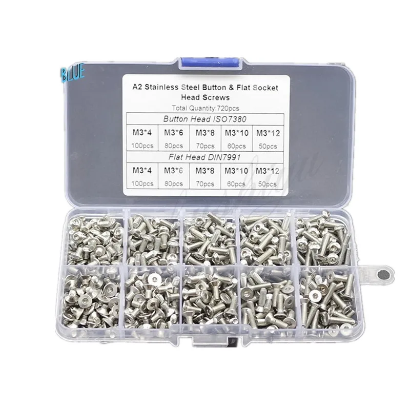 High quality 720pcs M3 A2 SS Button Flat Head Allen Bolts Countersunk Flat Cross Head Screw Bolt Set