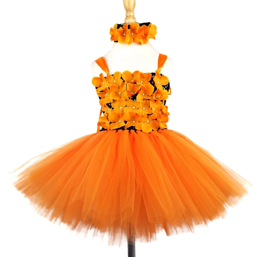 Fairy Girls Orange Flower Petals Tutu Dress Kids Black Crochet Tulle Dress with Hairbow Children Halloween Party Costume Dresses