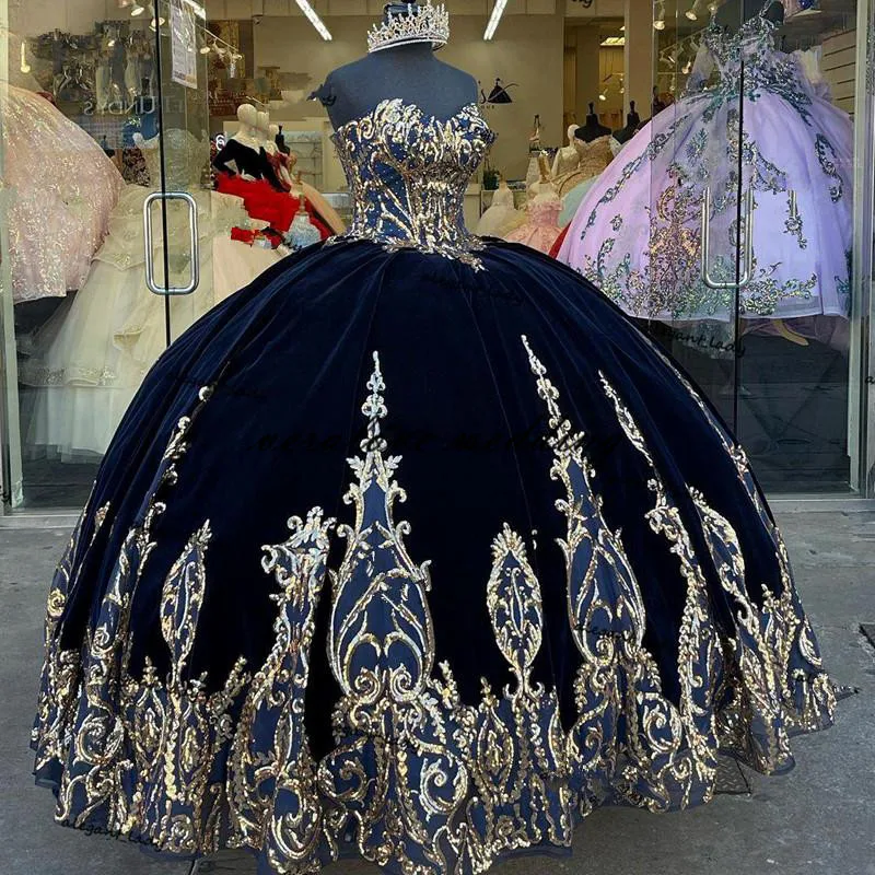 Robe de princesse en velours bleu marine, 15 pièces, paillettes, dentelle, Style mexicain