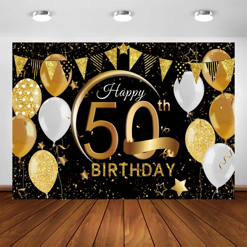 50th Birthday Party Backdrop Custom Black Gold Glitter Balloon Photography Background Golden Baby Banner Cake Table Decoration