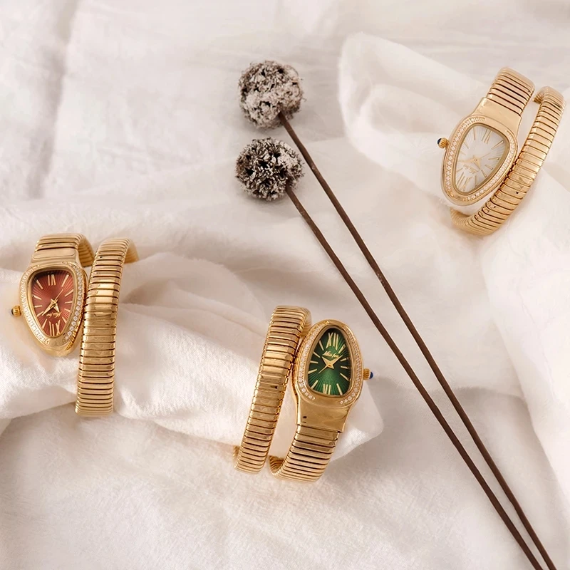 Reloj de pulsera de marca Miss Fox para Mujer, relojes de pulsera de cuarzo con forma de serpiente dorada resistente al agua a la moda de lujo,