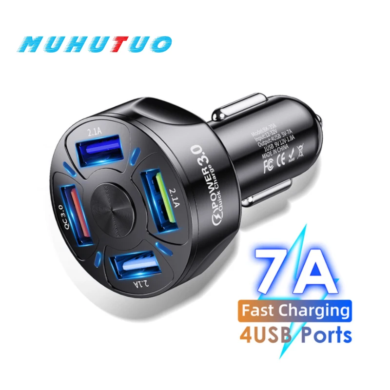 QC3.0 Car Charger 4 USB Port Car Charger 48W Fast 7A Mini Charger iPhone11 Xiaomi Huawei Phone Charger