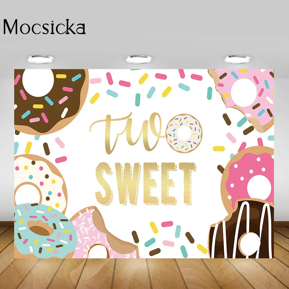 Two Sweet Donut Girl Birthday Backdrop Donuts Sprinkles Donut Children 2nd Birthday Party Banner Background Decorations Props