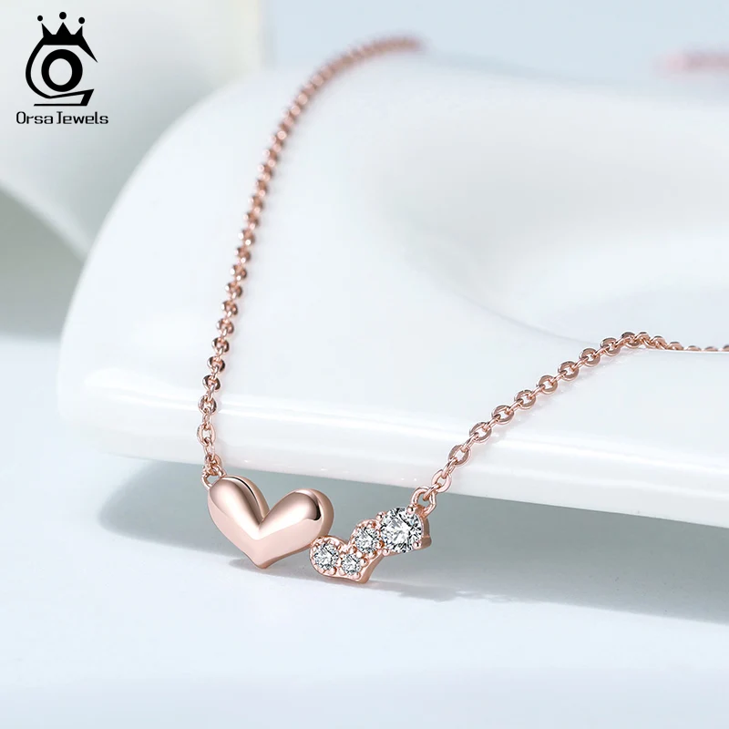 ORSA JEWELS Genuine 925 Sterling Silver Double Heart Necklace Pendant High Quality Rose Gold Plated Women Necklace Jewelry EQN13