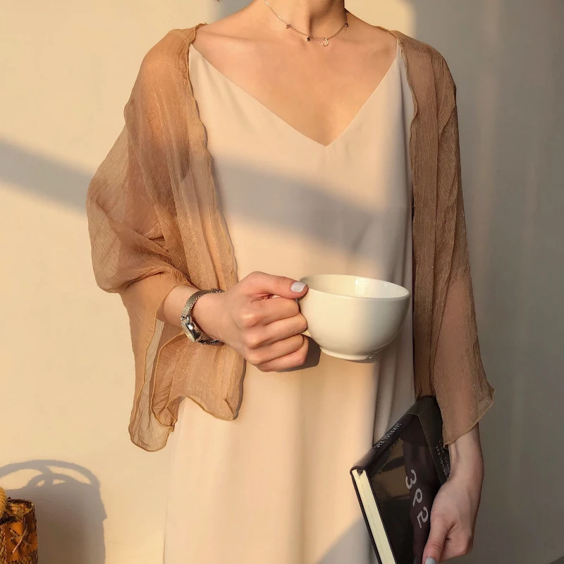 JANZHISAN Women Summer Crinkle Chiffon Cardigan Sheer Casual Beach See Through Cover Ups Transparent Loose Top For Vacation