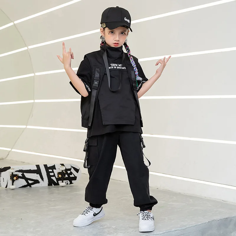 Đen Kid Hip Hop Quần Áo Áo Top Chiến Thuật Hàng Quần Áo Áo Khoác Vest Bé Gái Bé Trai Jazz Khiêu Vũ Trang Phục Quần Áo khi Mặc