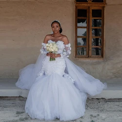 Aso Ebi Floral Appliques Mermaid Wedding Dresses Illusion Sweetheart 3D Flowers Crystals Africa Bridal Dress With Cape Plus Size