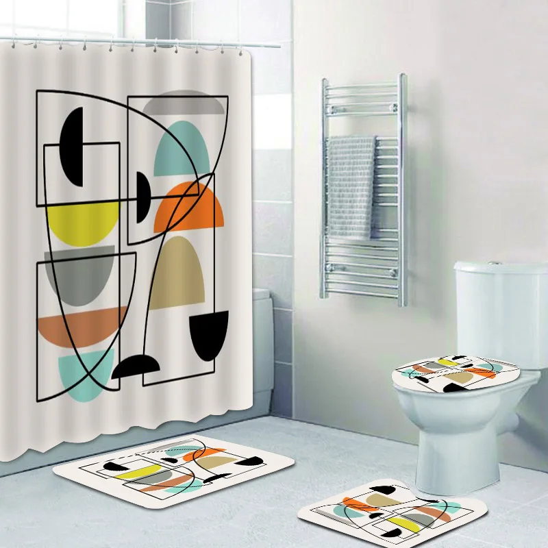 Geometric Mid Century Modern Abstract Art Shower Curtain Bathroom Curtain Set Colorful Retro Orange Circles Bath Mats Rugs Decor