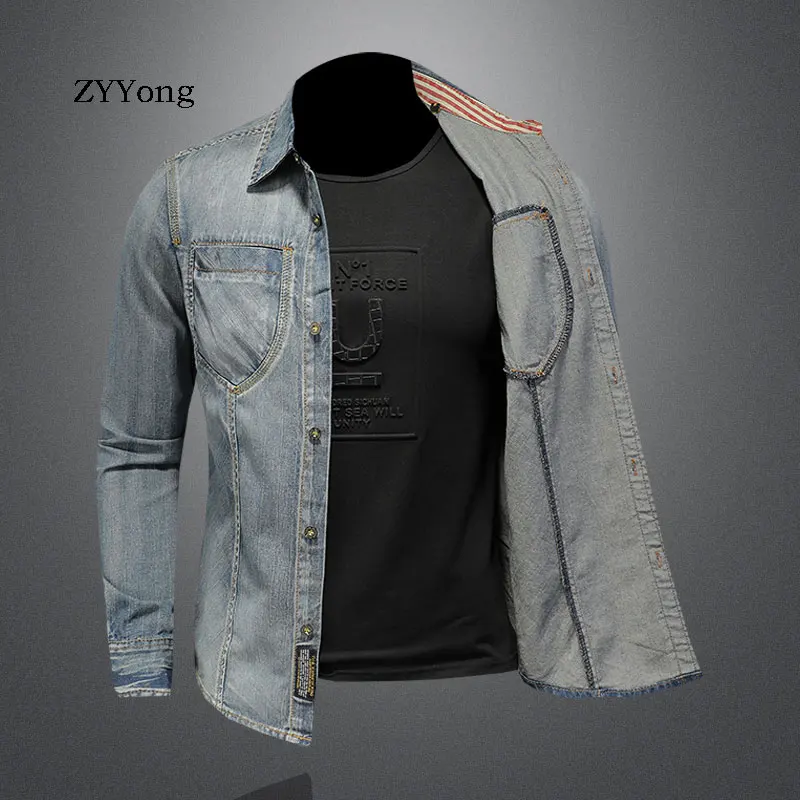 ZYYong New Fashion Lapel Long Sleeve Men's Denim Shirt Retro Slim Blue Motorcycle Style Streetwear Leisure Thin Coat