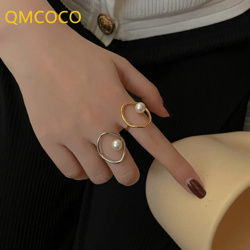 QMCOCOSilver Color Pearl Round Rings For Women New Fashion Simple Hollow Out Geometric Elegant Bride  Jewelry Accessories